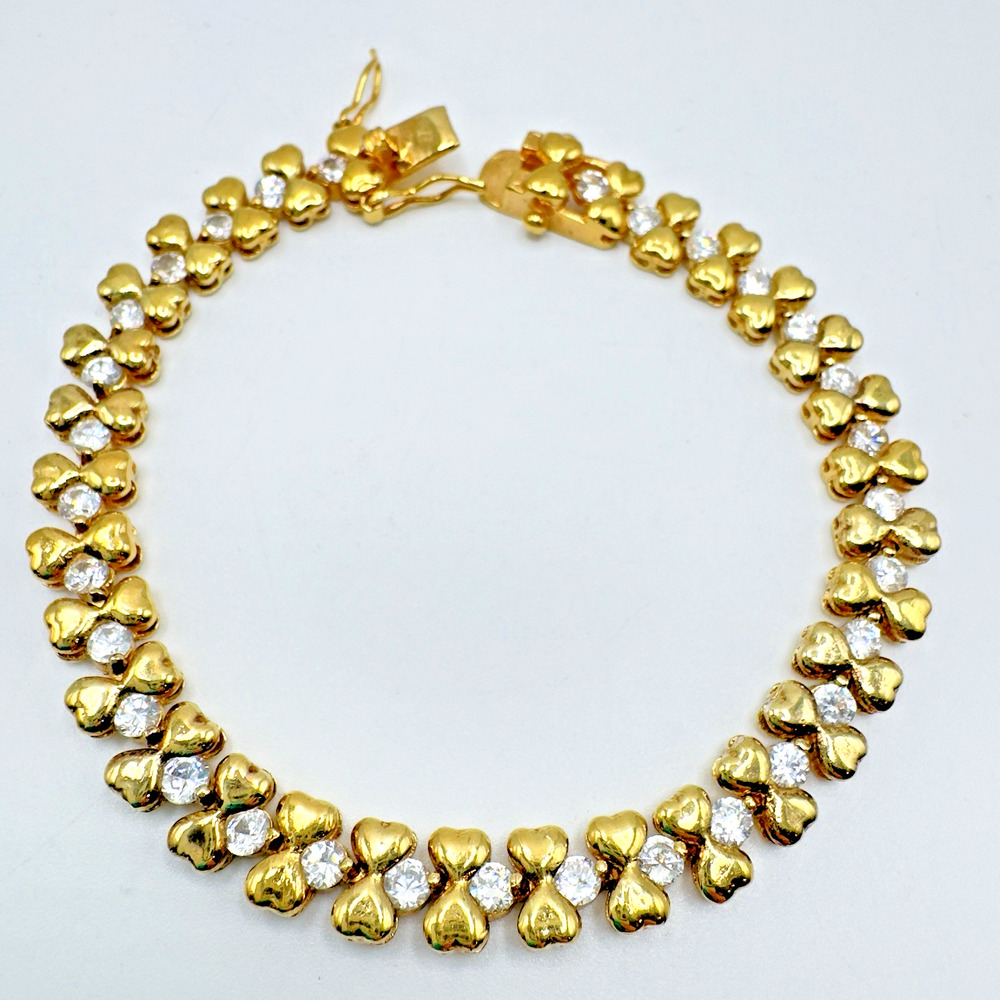 Gold Vermeil Sterling Silver Heart Bracelet Cubic Zirconia 7"